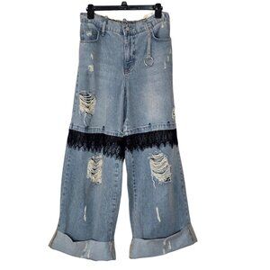 NH Couture Distressed Light Wash Denim Jean Pants w/ Black Lace Size Large NEW